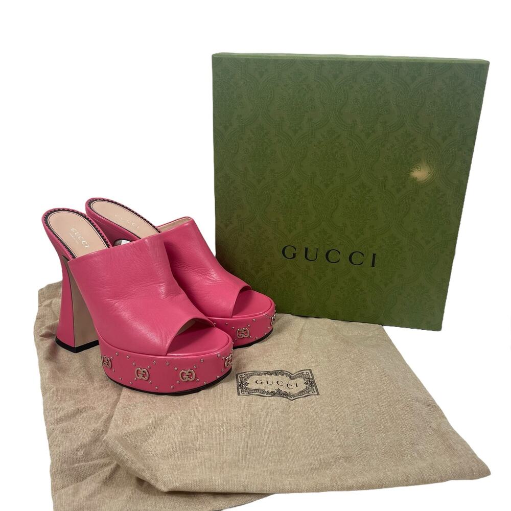Gucci GG Studs Leather Platform Slide Sandal Rhodamine Pink Size 40 - Picture 13 of 14